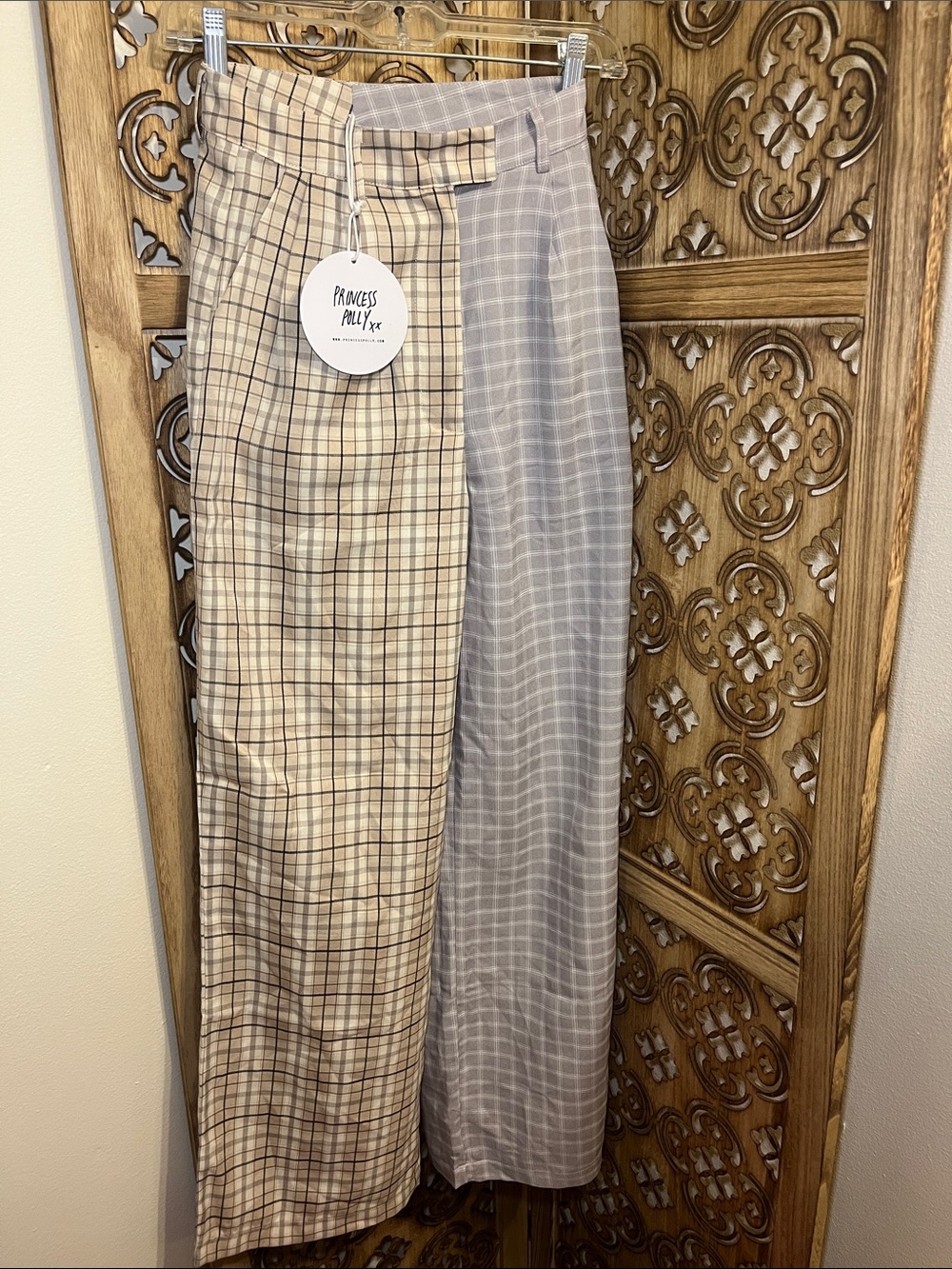 Princess Polly Two-Tone Plaid Wide-Leg Chinos - Beige & Gray